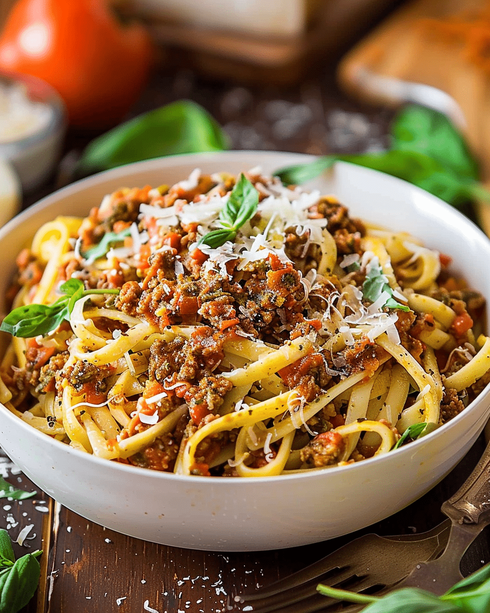 Pesto Fettuccini with Bolognese Sauce
