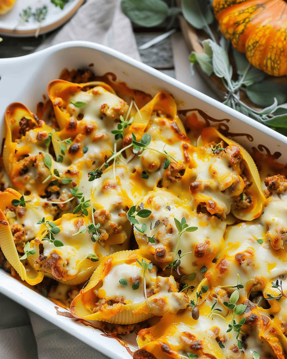 Cheesy Pumpkin and Spicy Sausage Stuffed Shells