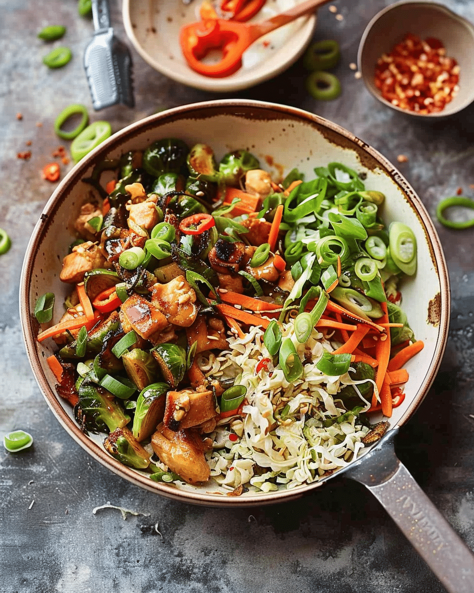 Spicy Stir-Fried Chicken and Shredded Brussels Sprouts Bowls