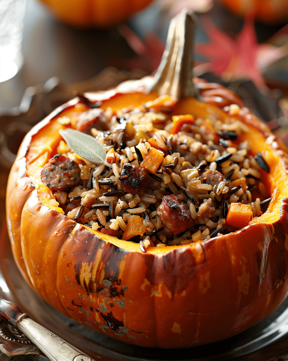 Pumpkin Stuffed with Wild Rice and Sausage