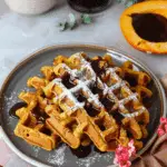 Fluffy Pumpkin Protein Waffles With Chocolate Sauce
