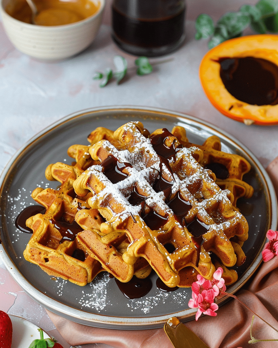 Fluffy Pumpkin Protein Waffles With Chocolate Sauce