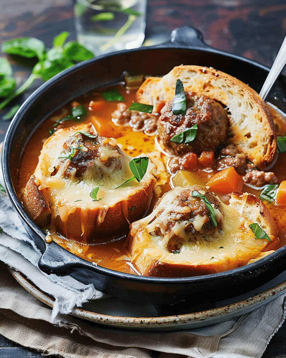 Meatball Soup with Cheesy Bread Crusts