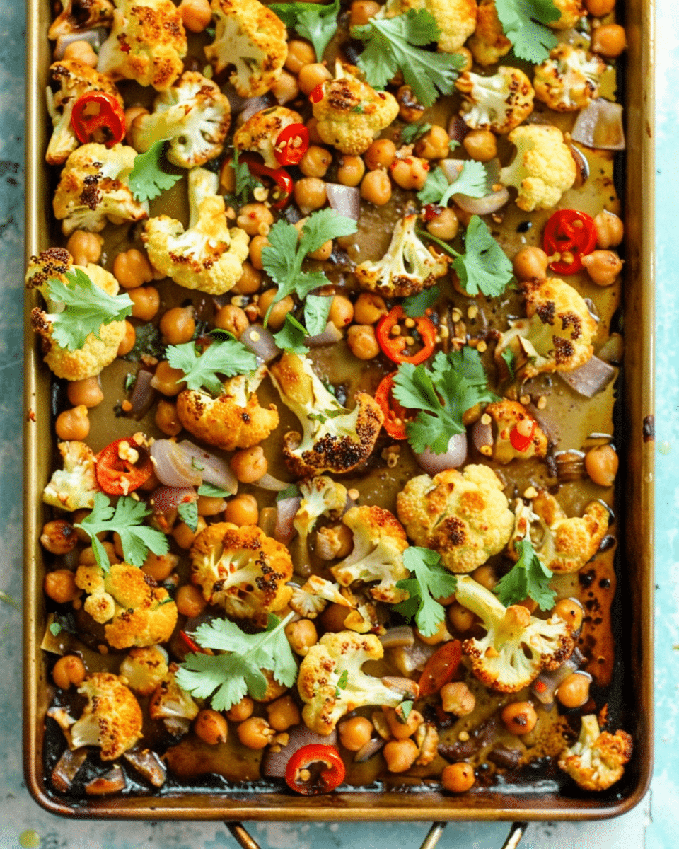 Sriracha Roasted Cauliflower and Chickpea Sheet Pan Meal