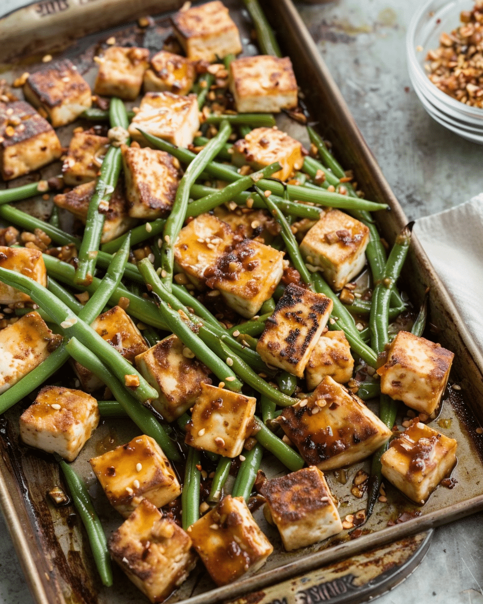 Sheet Pan Spicy Tofu + Green Beans