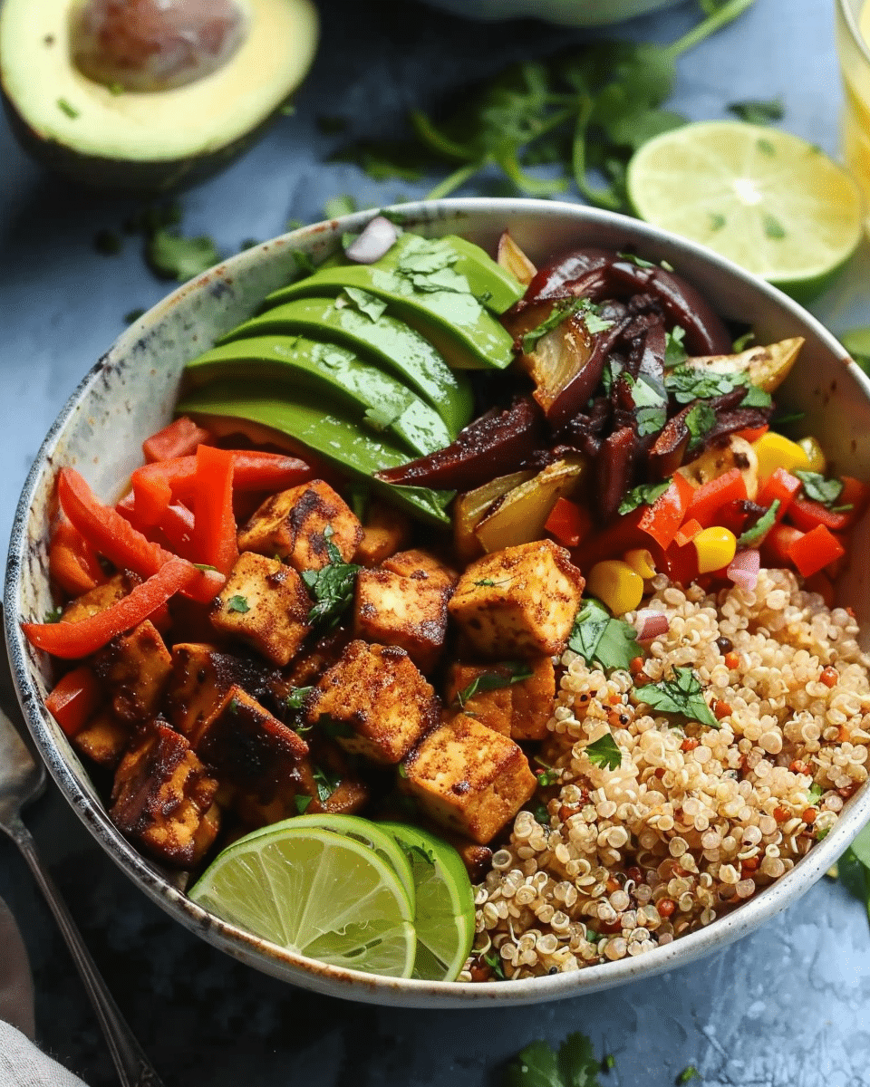 Sheet Pan Meal Prep Tofu Quinoa Burrito Bowls