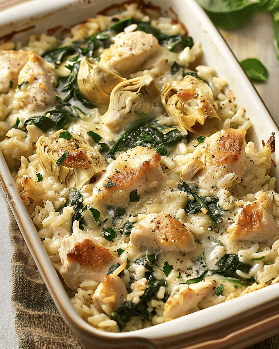 Chicken and Rice Casserole with Spinach and Artichokes