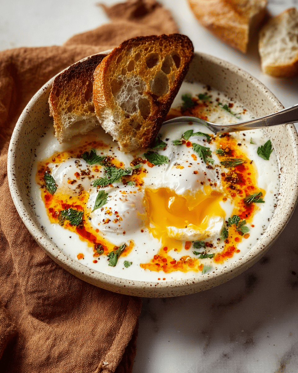 Creamy White Yogurt Base with Two Soft Poached Eggs