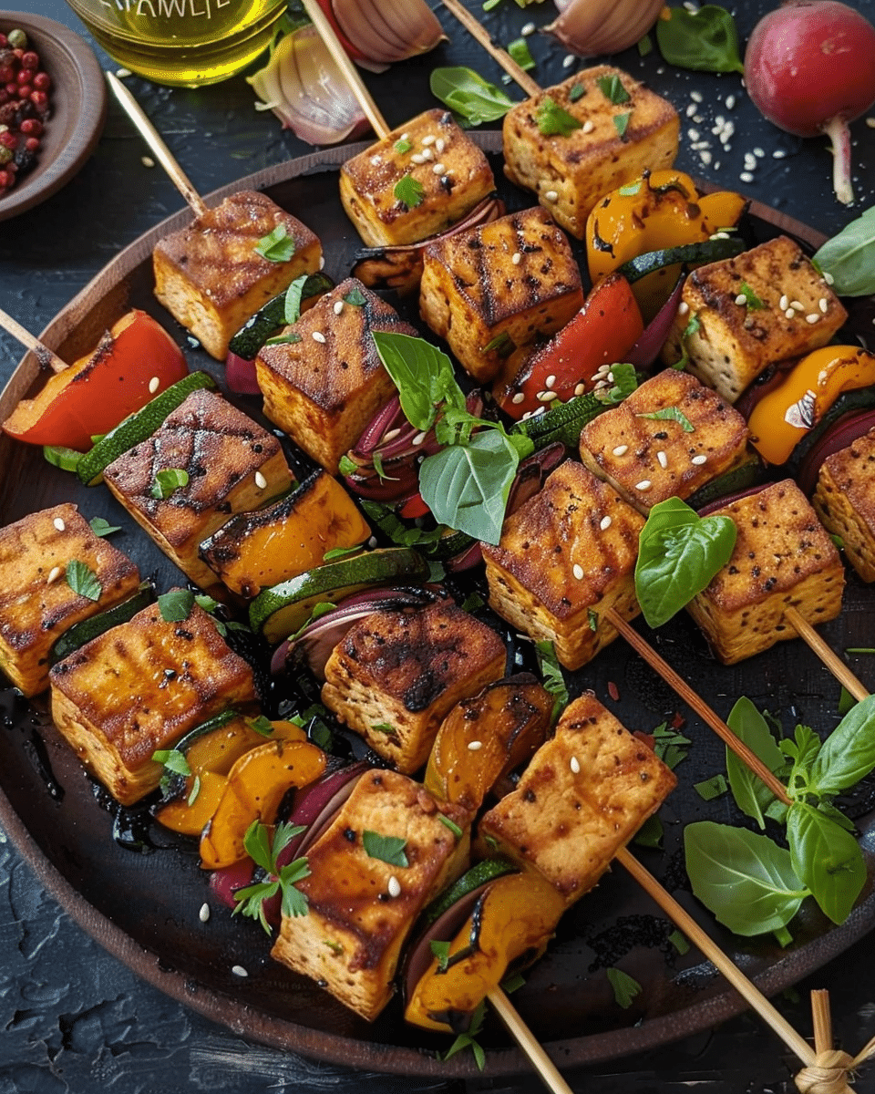 Grilled Tofu Steaks with Vegetable Skewers