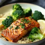 Baked Salmon with Quinoa and Steamed Broccoli
