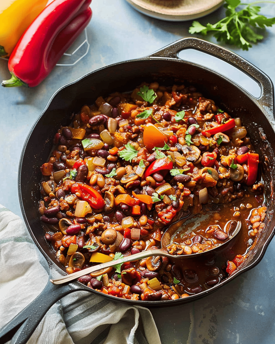 Vegetarian Skillet Chili with Mushroom, Bell Pepper, and Onion