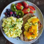 Bagel Toasts, Fruit and Scrambled Eggs