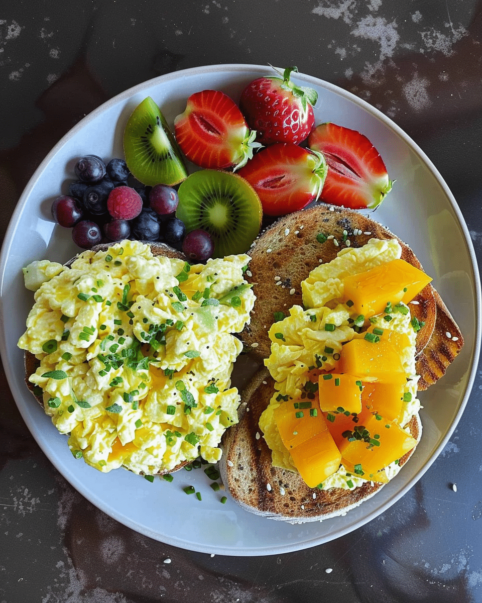 Bagel Toasts, Fruit and Scrambled Eggs