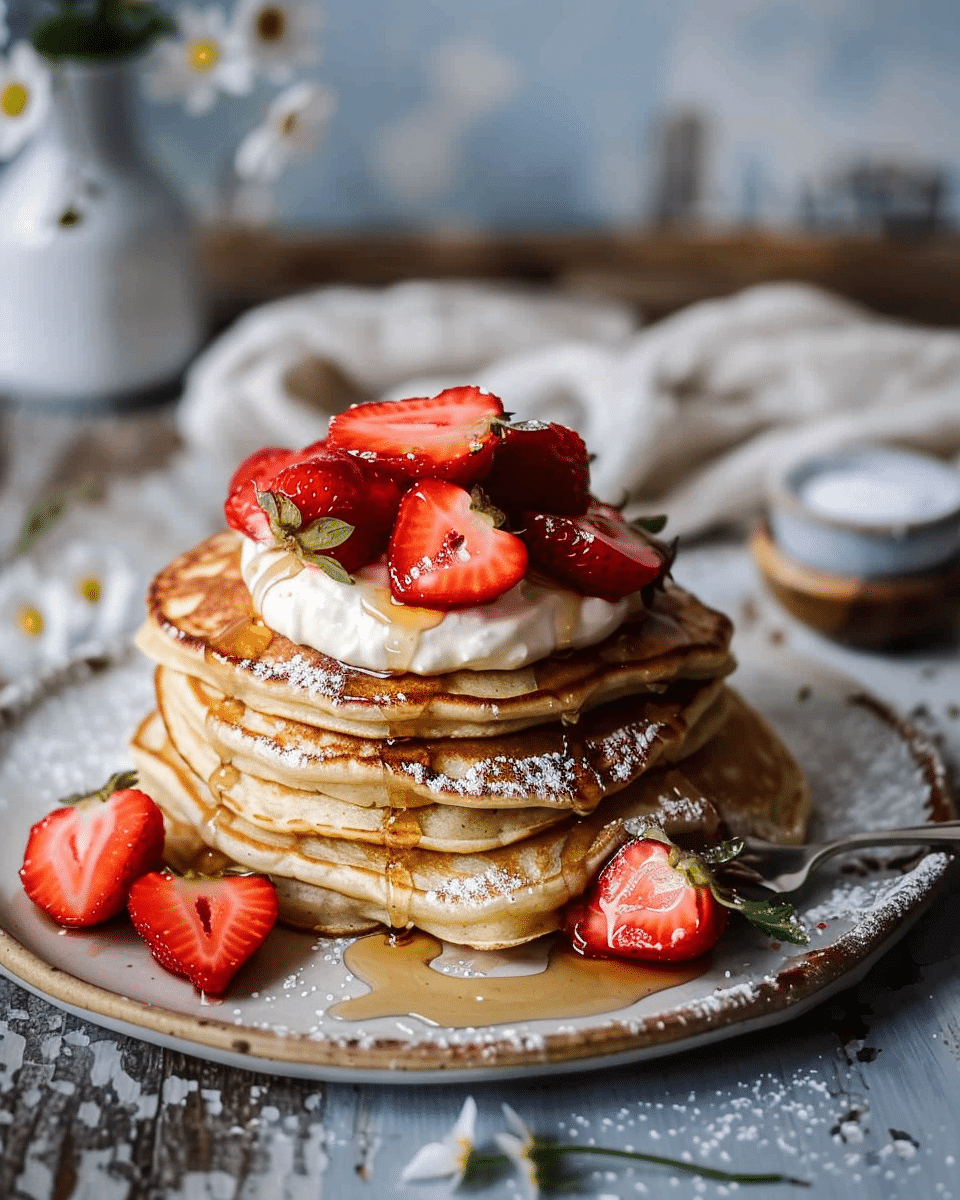 Buttermilk Pancakes with Chamomile Cream and Gingered Strawberries