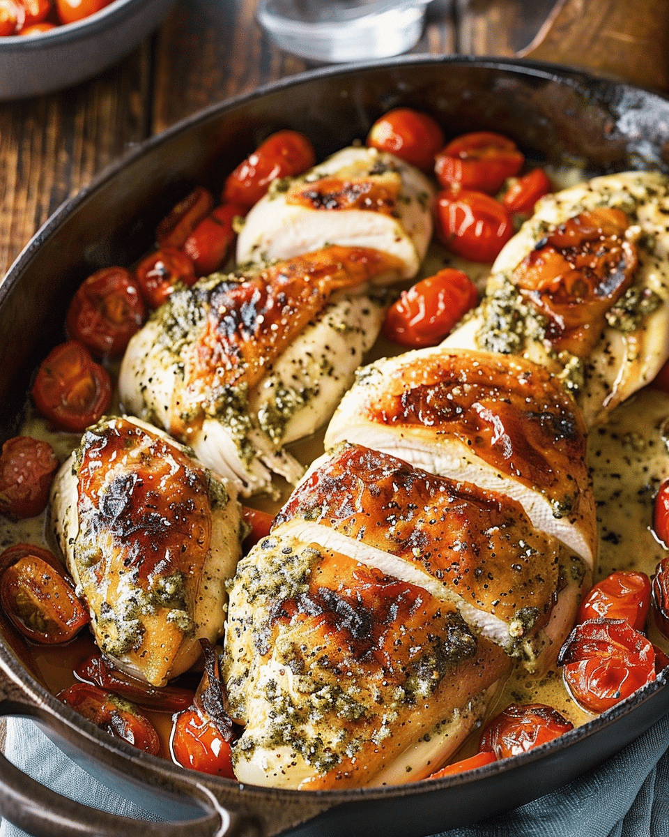 Creamy Pesto Chicken with Roasted Tomatoes