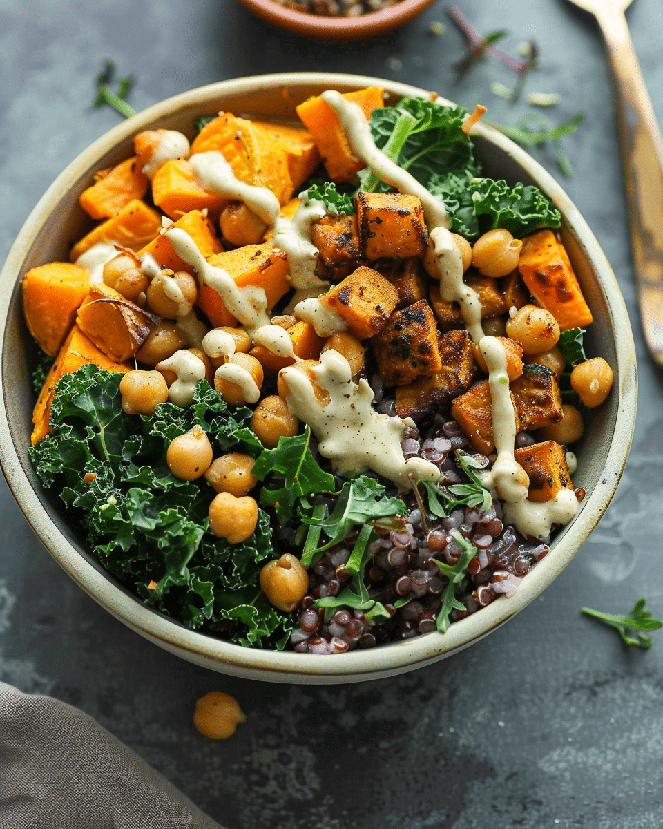 Sweet Potato Chickpea Buddha Bowl with Broccolini and Kale