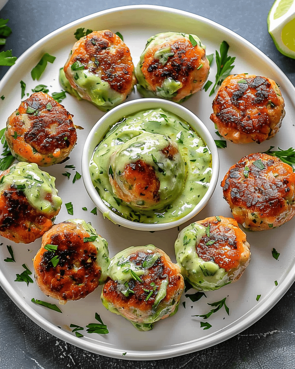 Baked Salmon Meatballs with Avocado Sauce