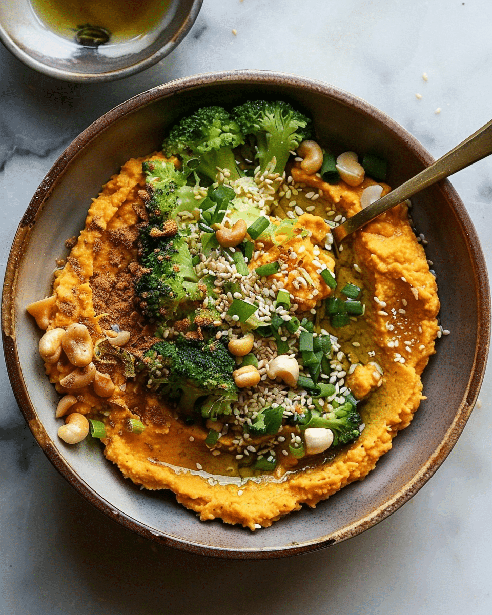 Carrot Ginger Hummus Bowl with Sesame Garlic