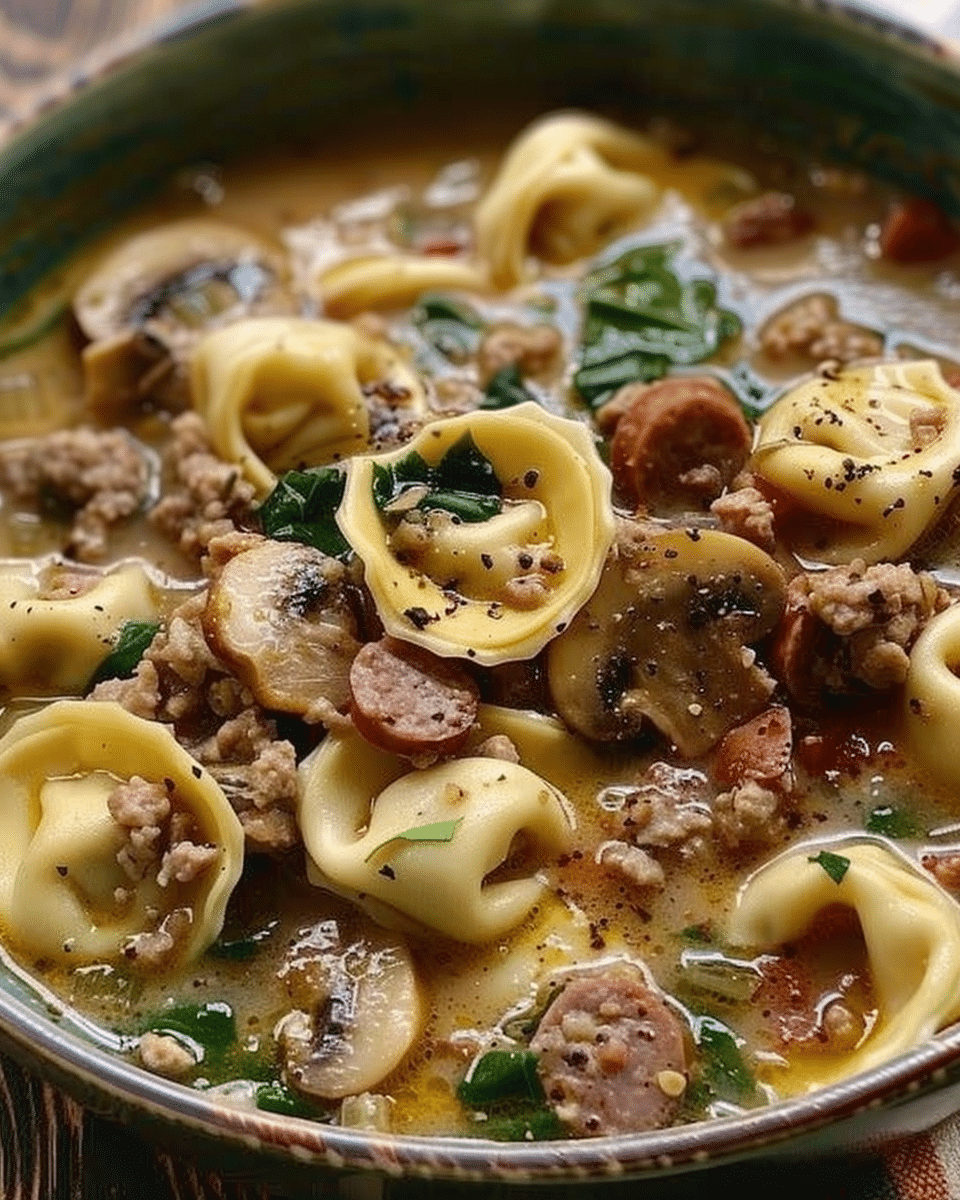 Tuscan Tortellini Mushroom + Sausage Soup