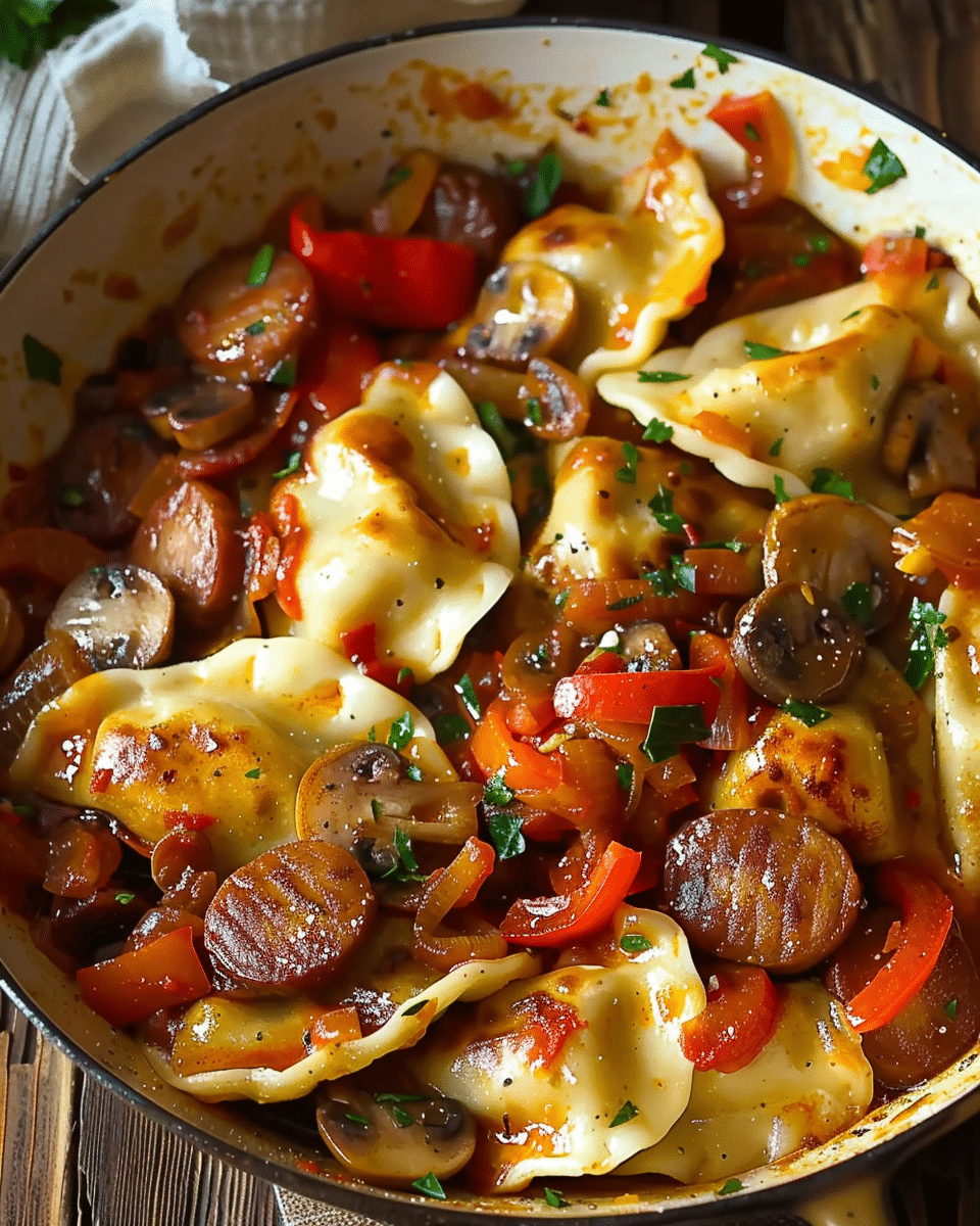 Pierogi with Kielbasa Mushrooms and Peppers