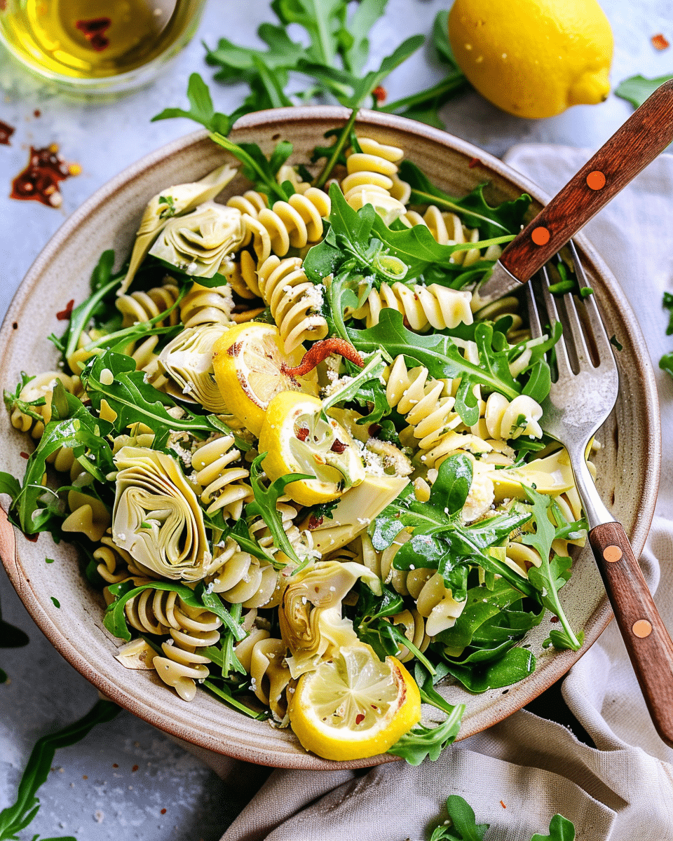 Lemon Artichoke Arugula Pasta Salad