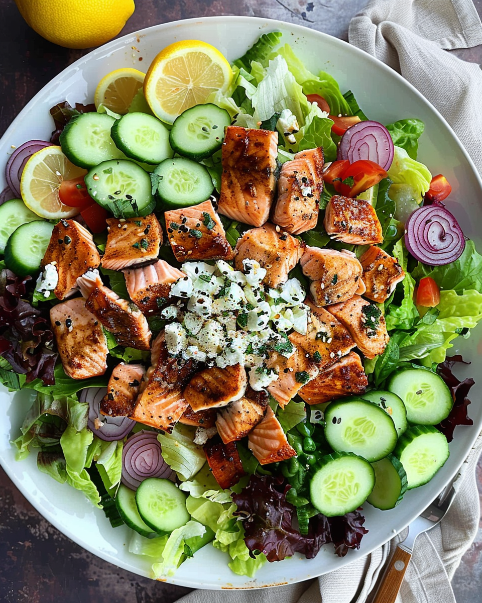Crispy Salmon Salad with Creamy Lemon Feta Dressing