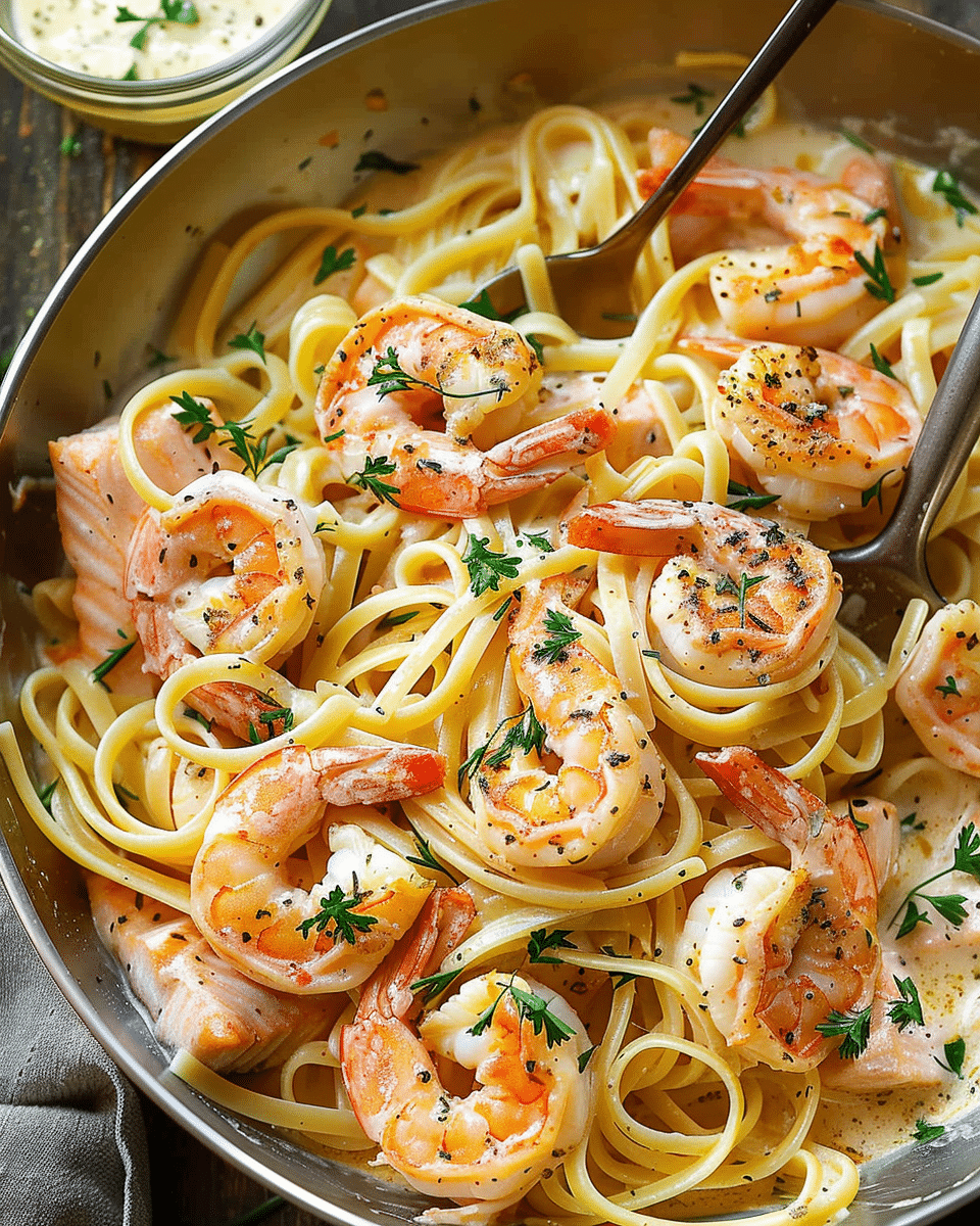 Salmon and Shrimp Alfredo Pasta