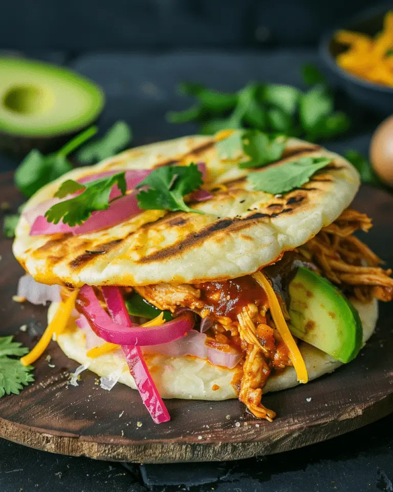 Arepas with Pulled BBQ Chicken, Cheddar, Pickled Onions and Avocado ...