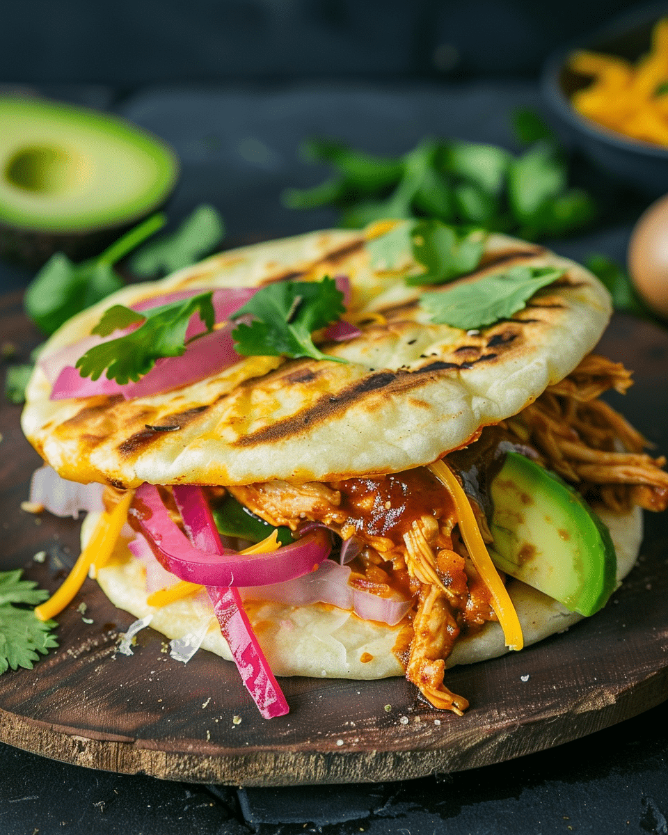 Arepas with Pulled BBQ Chicken, Cheddar, Pickled Onions and Avocado
