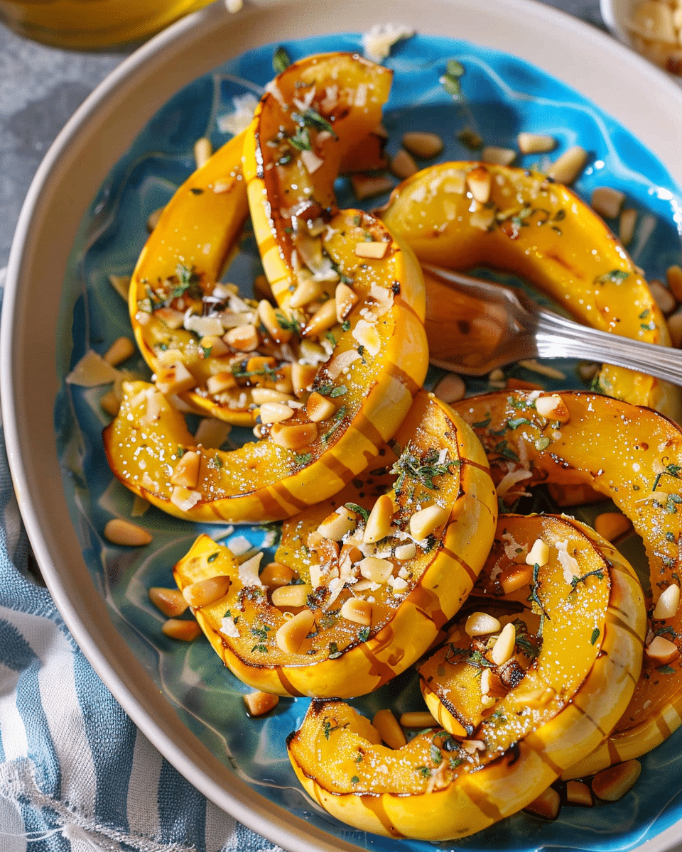 Roasted Delicata Squash with Honey, Parmesan, and Pine Nuts