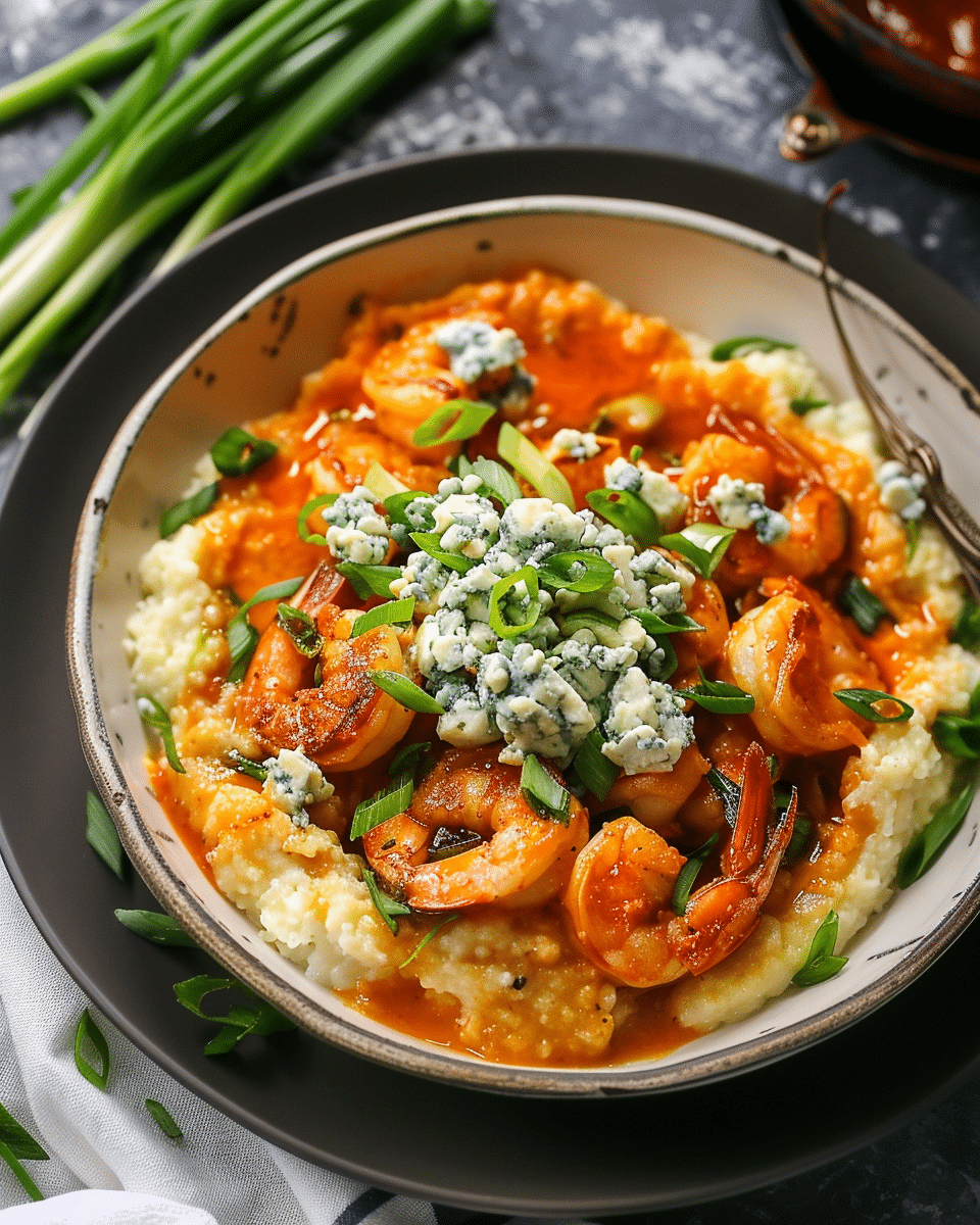 Crispy Buffalo Shrimp and Creamy Blue Cheese Grits