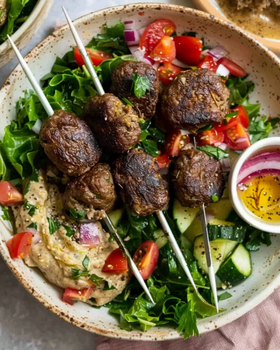 Lamb Kofta with Fattoush Salad and Hummus