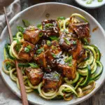 Sweet and Spicy Crispy Tofu with Zucchini Noodles