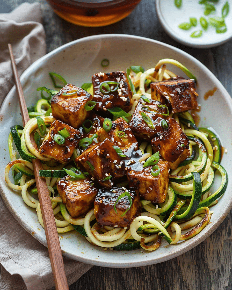 Sweet and Spicy Crispy Tofu with Zucchini Noodles