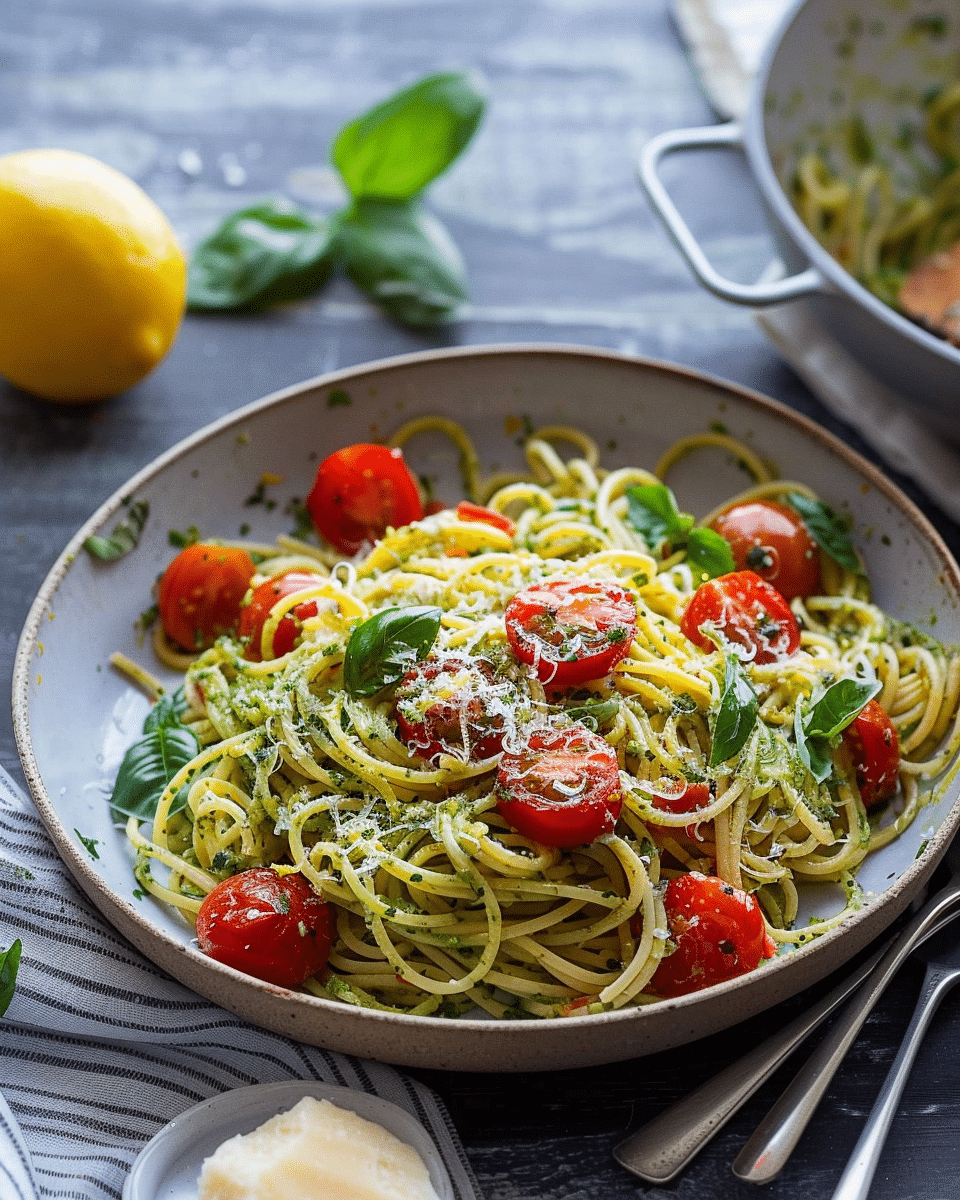 Lemon Basil Pesto Spaghetti with Bursting Tomatoes