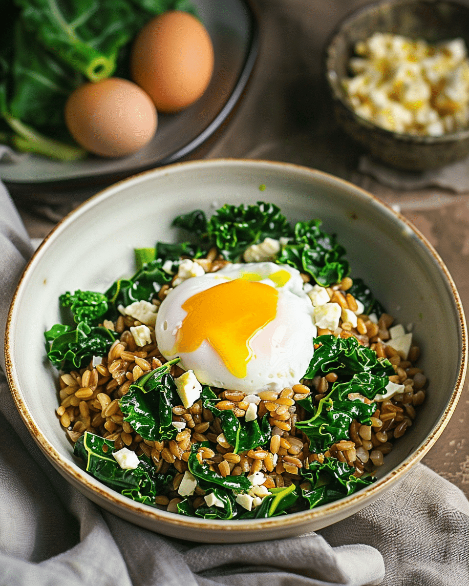 Stir Fried Farro with Garlicky Kale and Poached Egg