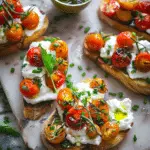 Crostini with Charred Cherry Tomatoes, Burrata and Chive Oil