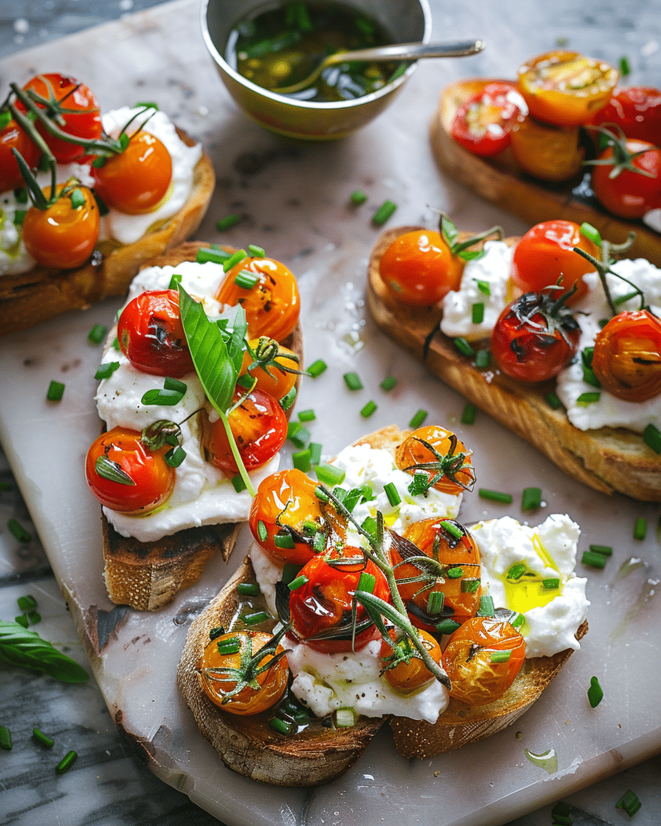 Crostini with Charred Cherry Tomatoes, Burrata and Chive Oil