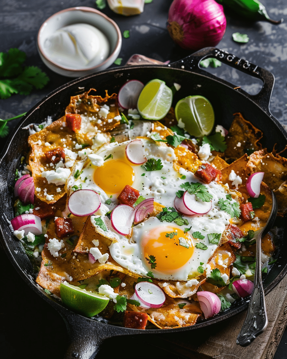 Crispy Chilaquiles with Salsa Verde, Chorizo and Egg
