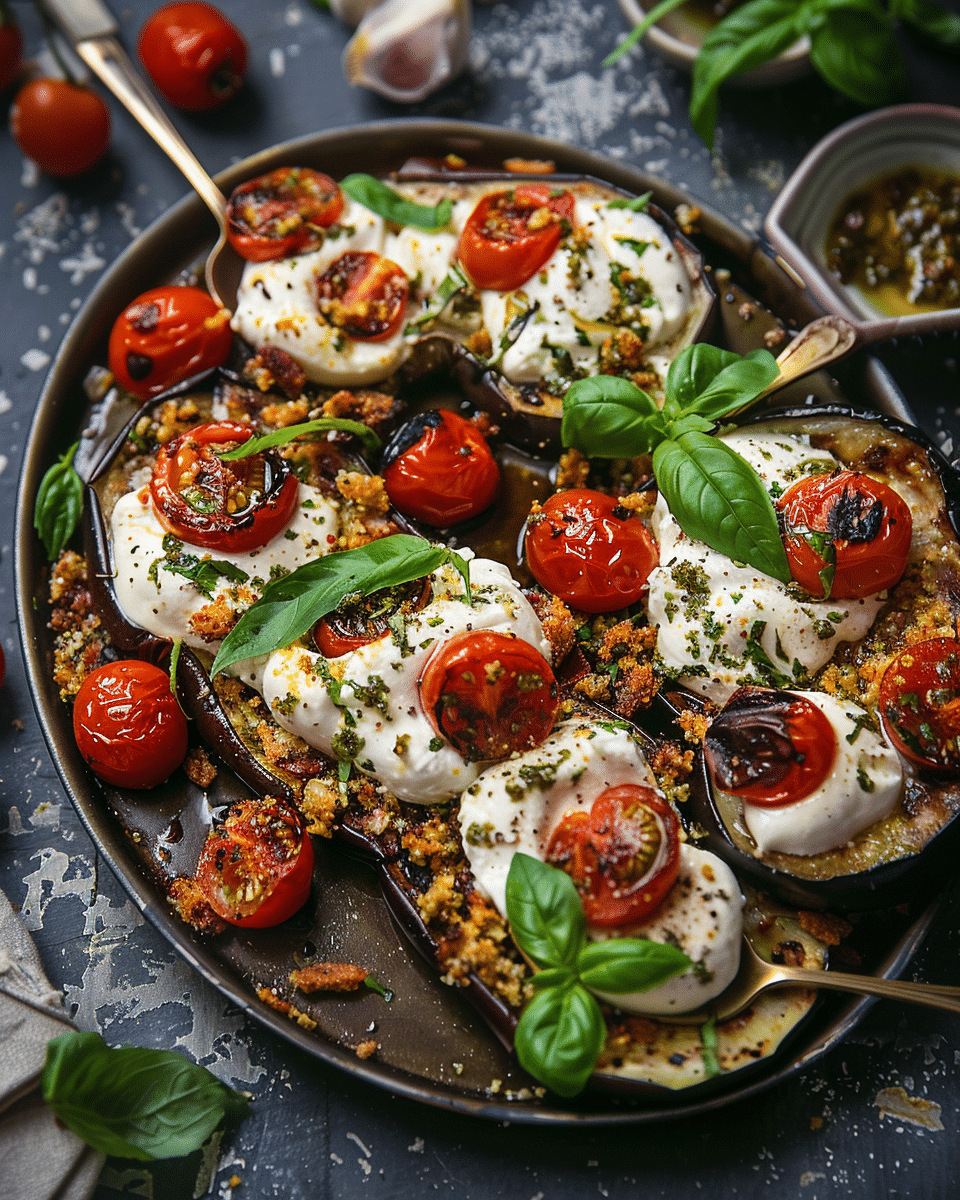 Grilled Eggplant, Roasted Tomatoes and Burrata Cheese with Garlic Herb Breadcrumbs