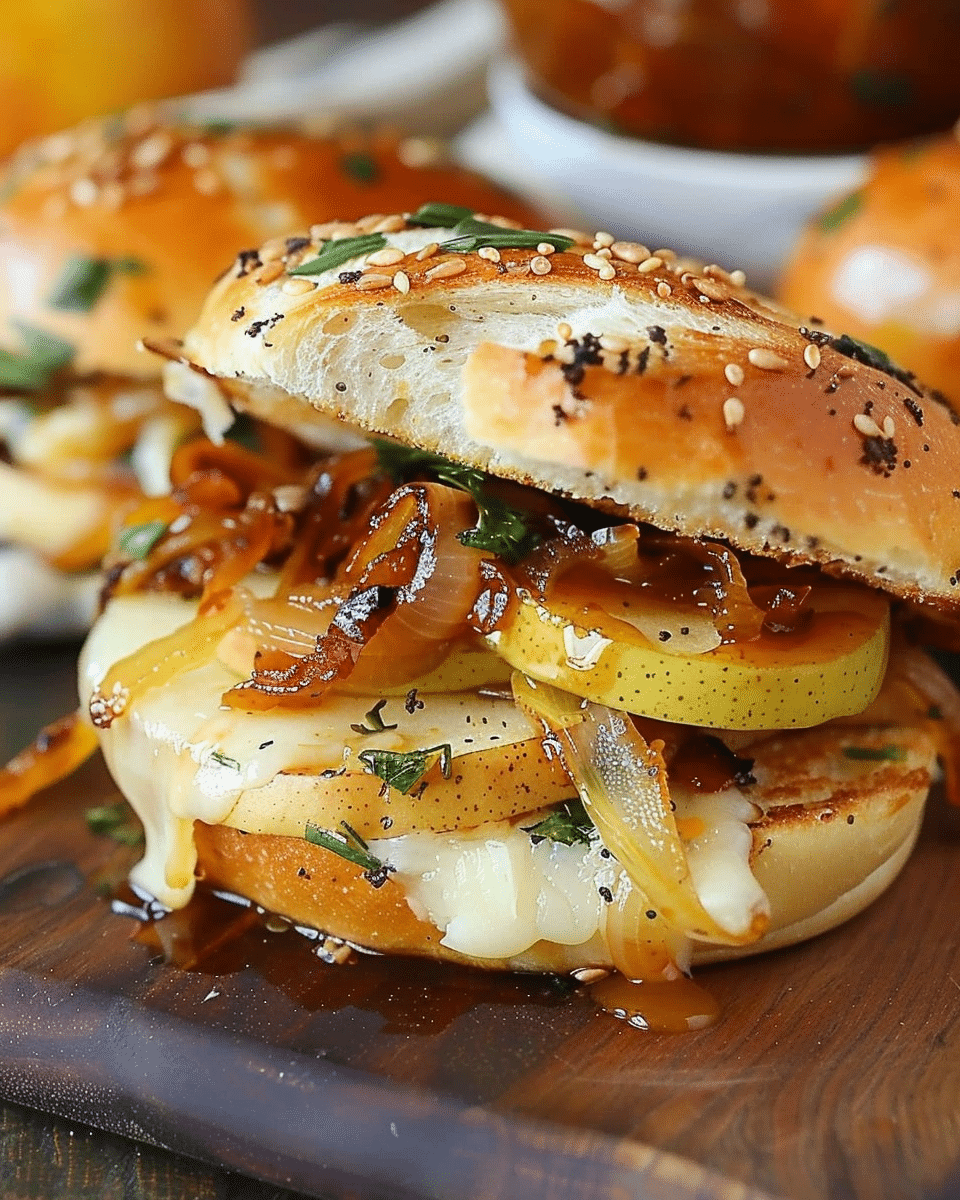 Pear Apple Cheddar Caramelized Onion Grilled Cheese Bagel Sandwich