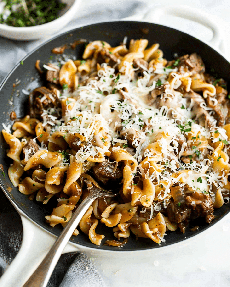 Hearty French Onion Pasta with Braised Beef