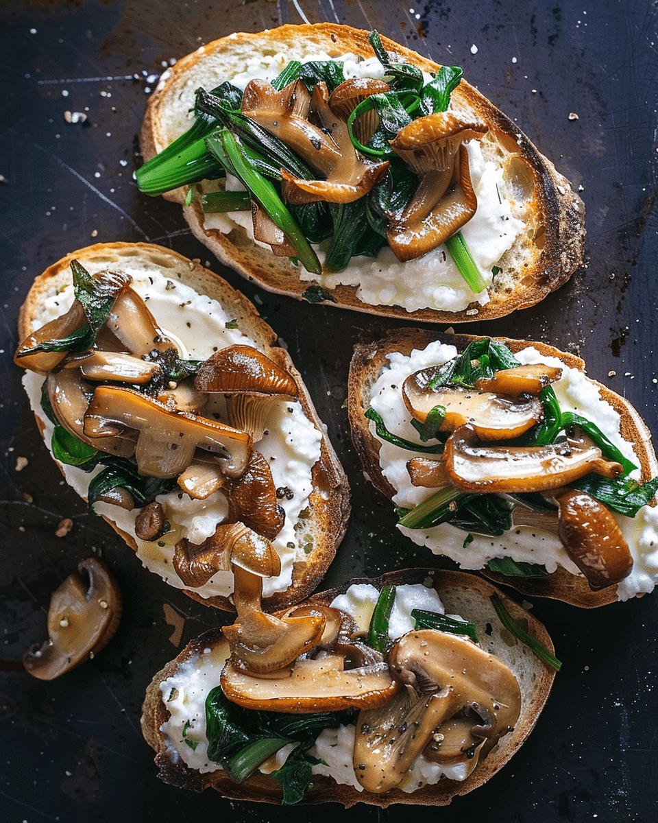 Brown Butter Ramps and Oyster Mushrooms on Ricotta Crostini