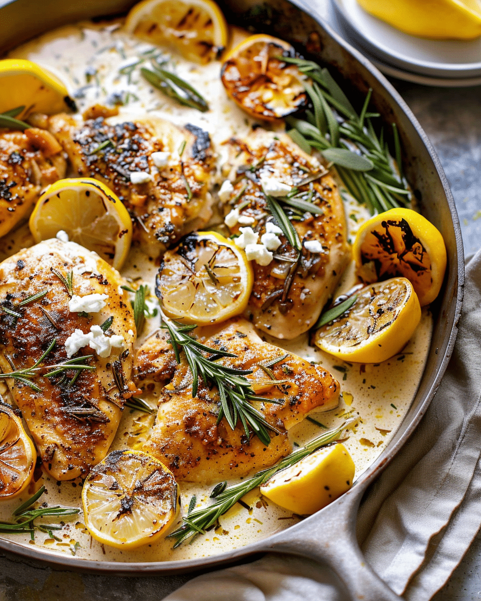 Lemon Rosemary Dijon Chicken with Feta Goddess Sauce