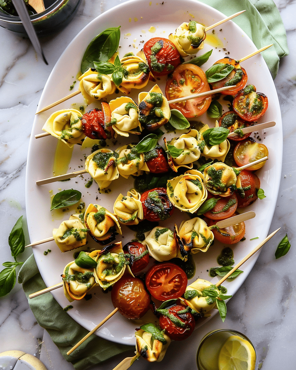 Antipasto Tortellini Skewers with Lemon Basil Vinaigrette