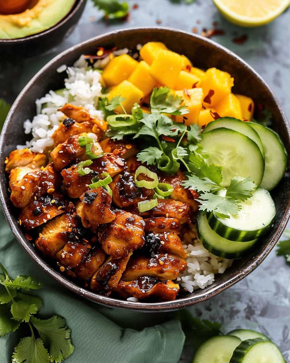 Chili Crisp Chicken Mango Cucumber Rice Bowl