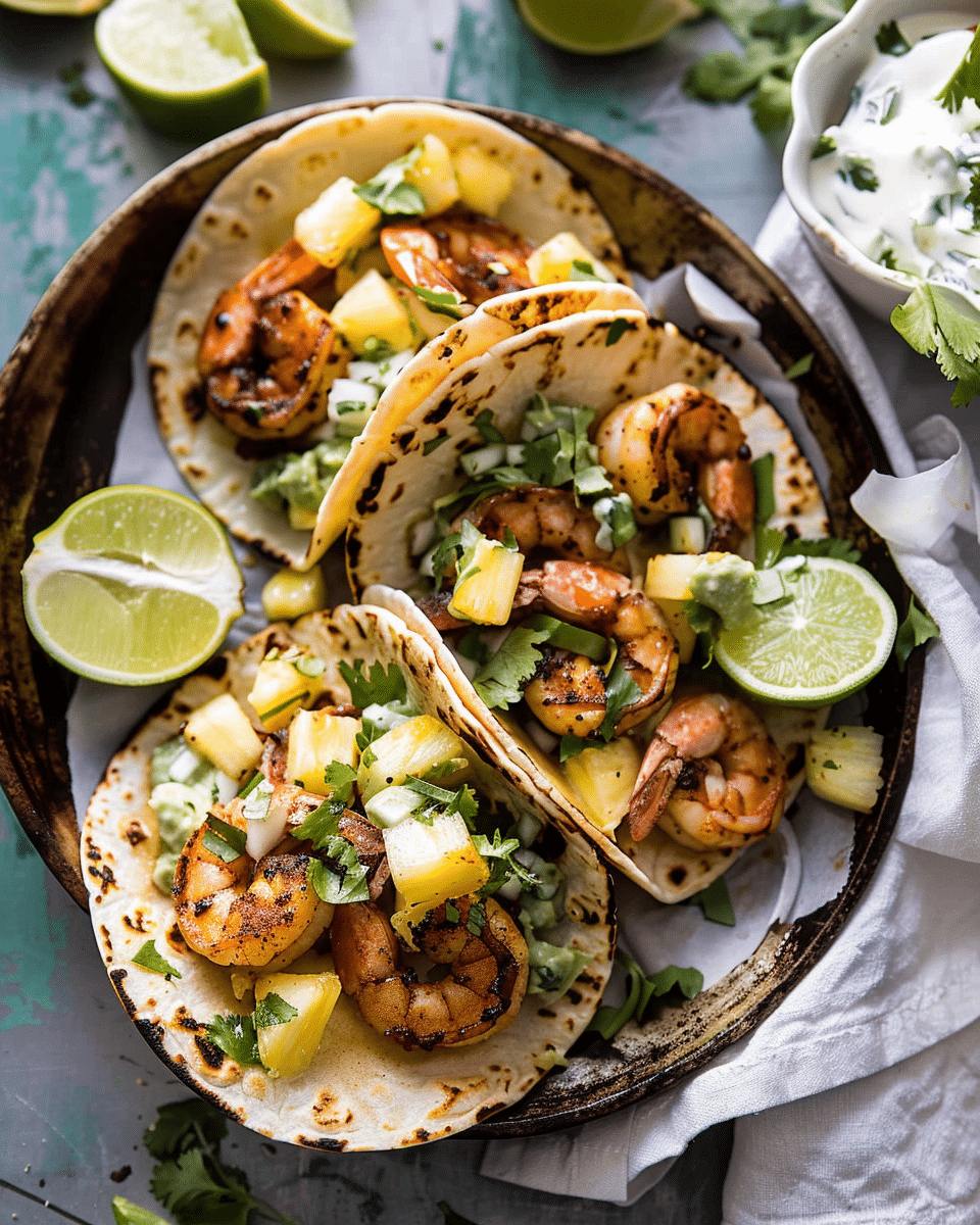 Pineapple Shrimp Tacos with Cilantro Garlic Sauce
