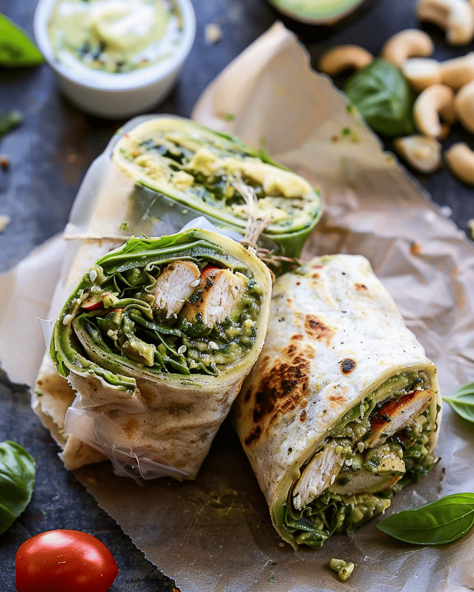 Pesto Chicken and Avocado Salad Wraps