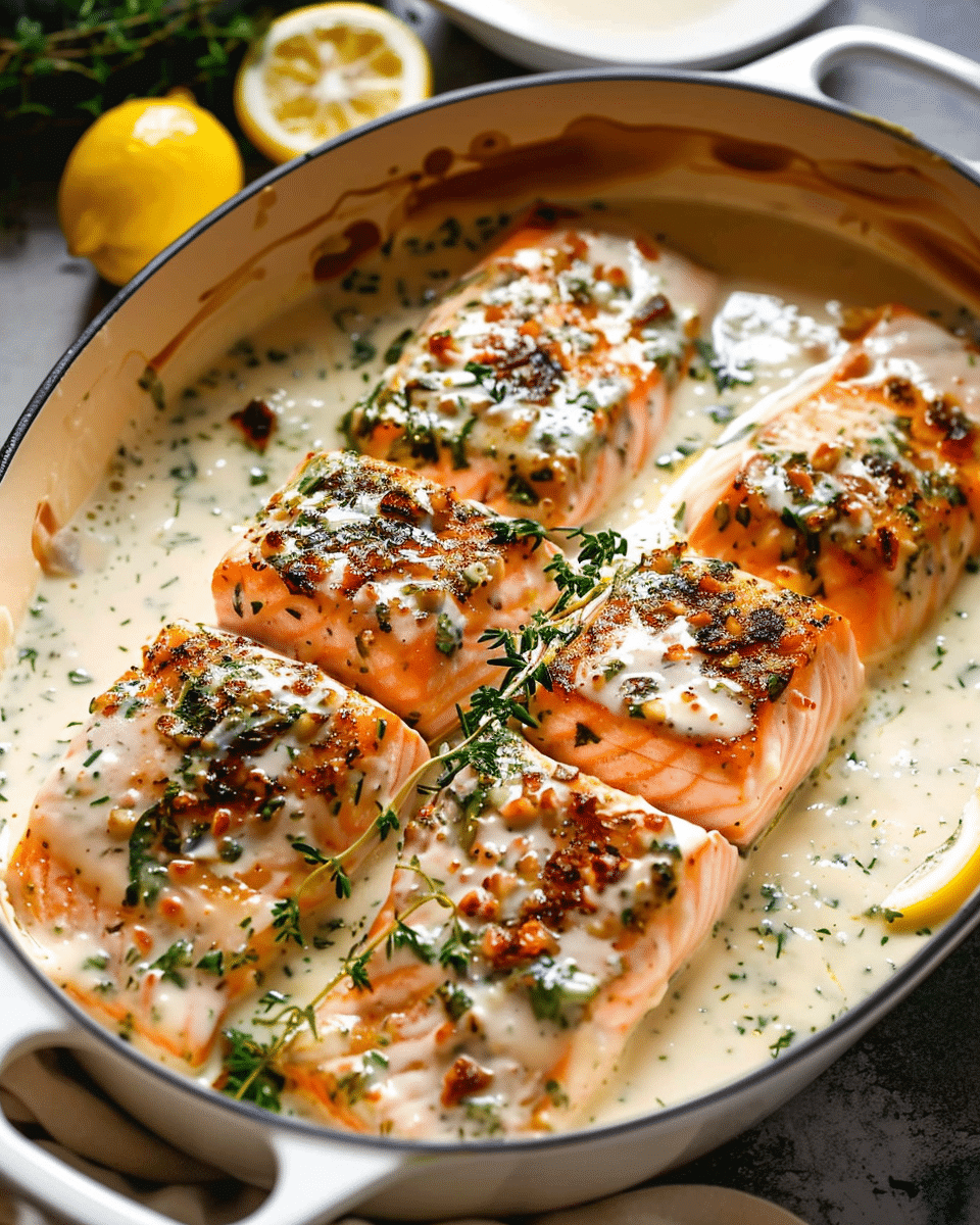 Garlic Butter Baked Salmon In Lemony Parmesan Cream