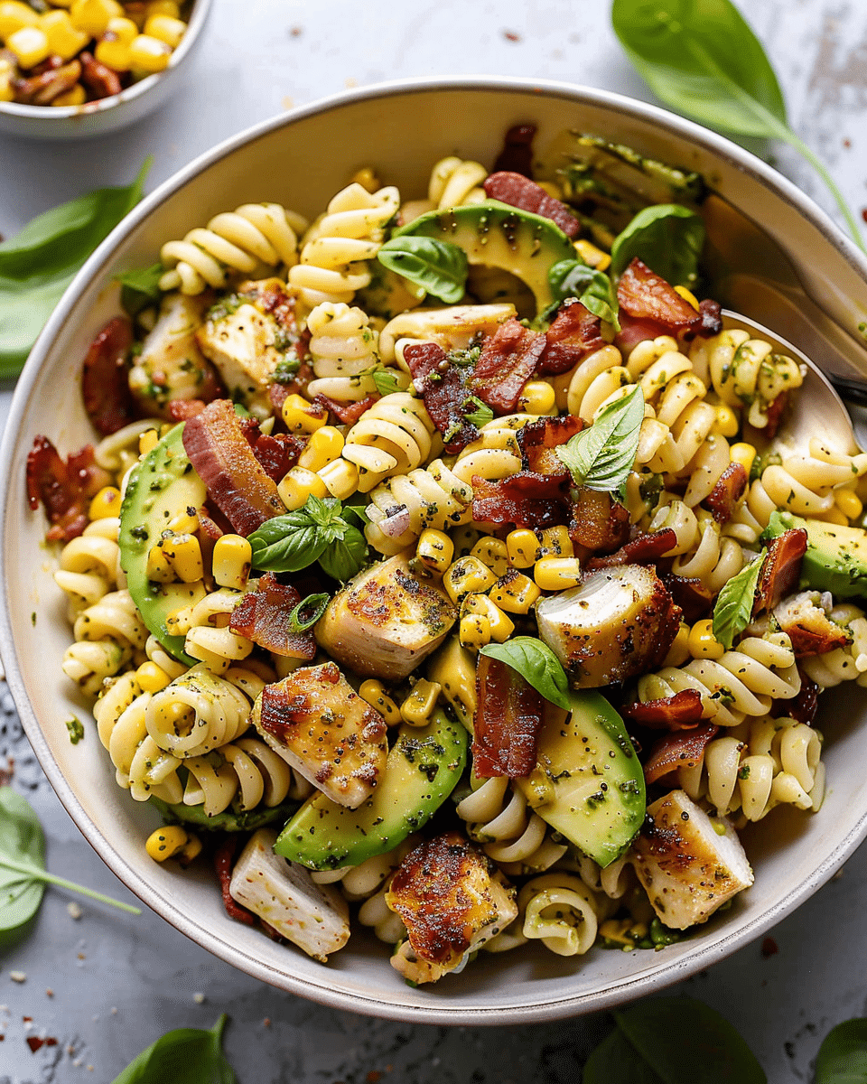 Pesto Chicken, Corn, and Avocado Pasta Salad